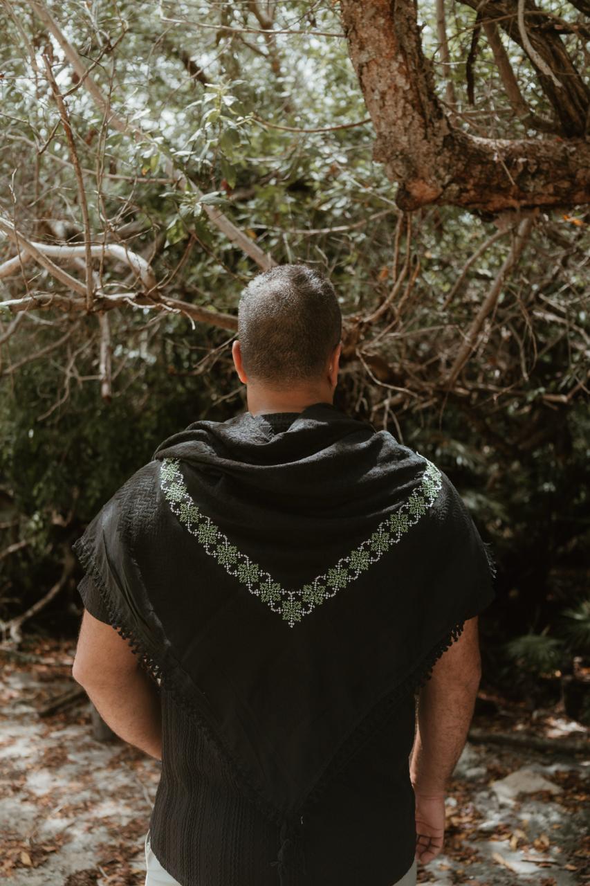 Black on Black - Hand Embroidered Green Poppy Kuffiyeh