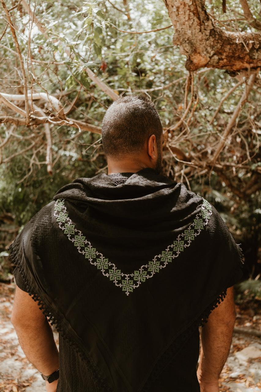 Black on Black - Hand Embroidered Green Poppy Kuffiyeh