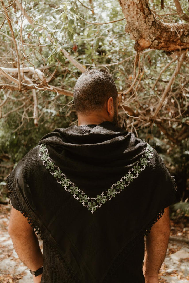 Black on Black - Hand Embroidered Green Poppy Kuffiyeh