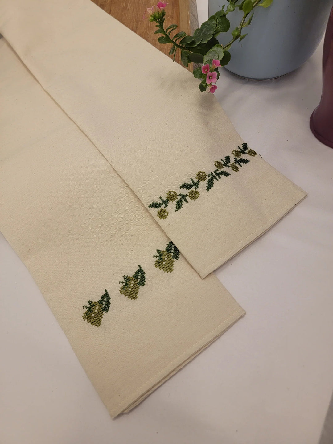 Hand Embroidered Tea Towels - Hawthorn Berry Motif - 100% Linen